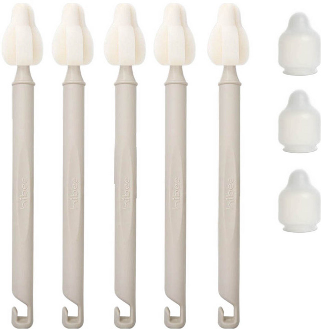 하이비 젖병 젖꼭지 세척 몽글이 롱 미니솔 5p + 먼지보호캡 3p 세트, 1세트, 아이보리