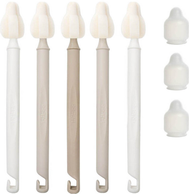 하이비 젖병 젖꼭지 세척 몽글이 롱 미니솔 5p + 먼지보호캡 3p 세트, 1세트, 또똣베이지