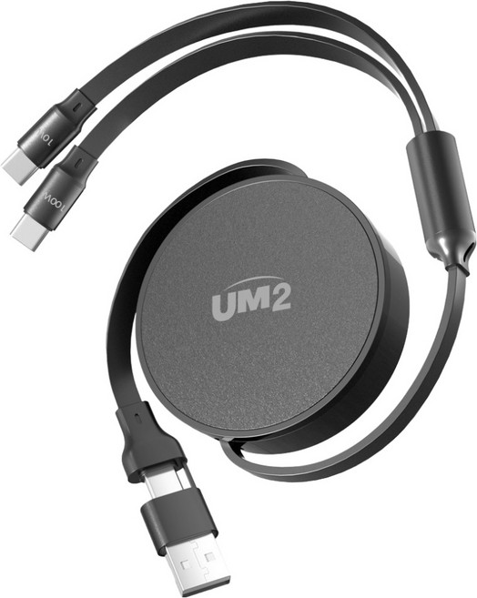 유엠투 100W 2in1 C타입 고속충전 듀얼 릴 케이블, 블랙, 1개, 1.1m