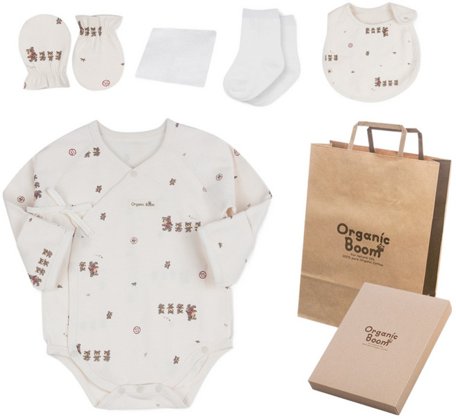 오가닉붐 신생아용 곰가족 배냇슈트+턱받이+손싸개+양말+손수건+쇼핑백+상자 SET 사계절 7종