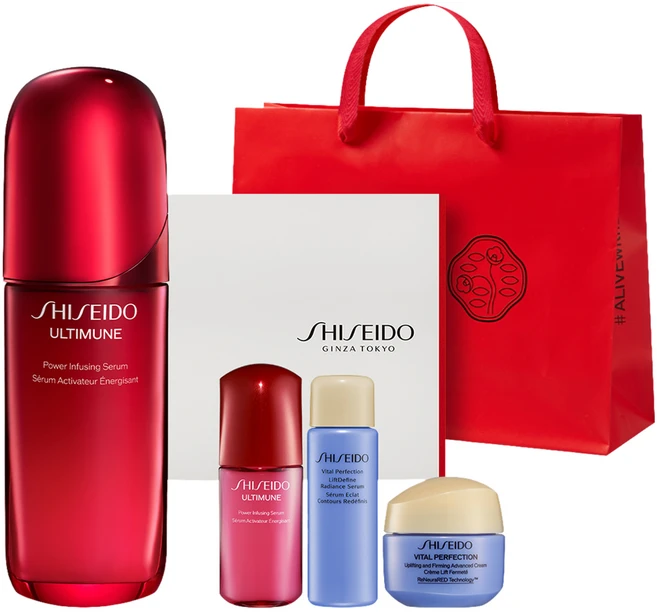 시세이도 얼티뮨 파워 인퓨징 대용량 세럼 75ml + 10ml + 래디언스 세럼 10ml + 어드밴스드 크림 15ml + 기프트박스 세트 + 쇼핑백, 1세트 - 쿠팡