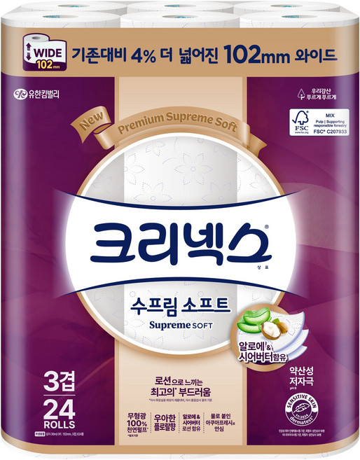 크리넥스 3겹 천연펄프 수프림소프트 화장지, 30m, 24개입, 1개