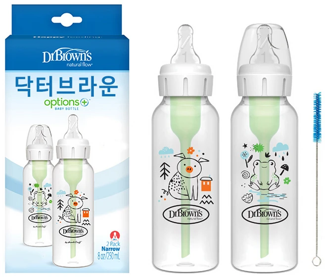 닥터브라운 옵션스 + 내로우넥 디자이너 PP 젖병 2종 세트, 돼지와 개구리, 250ml, 1세트 - 쿠팡