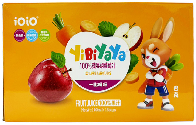 十全 iOiO 食在愛我 YiBiYaYa 一比呀呀 100%蘋果胡蘿蔔汁, 100ml, 15包