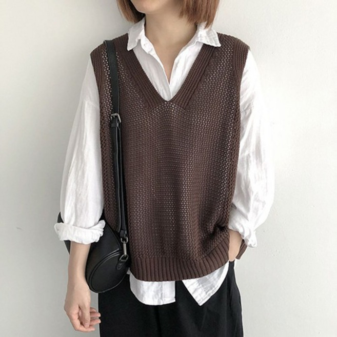 Goodif 女款寬鬆網眼V領針織背心