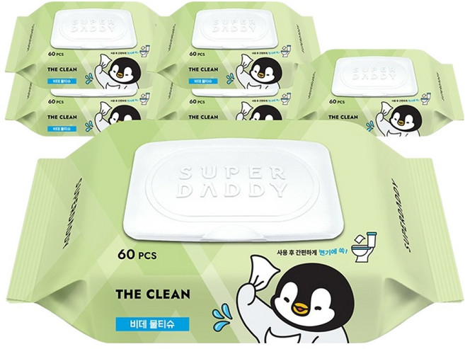 슈퍼대디 더클린 미스터펭 비데티슈 캡형, 60g, 60매, 6개