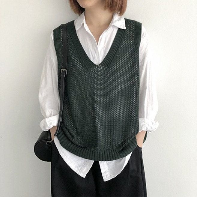 구디프 여성용 루즈핏 그물조직 브이넥 니트 베스트