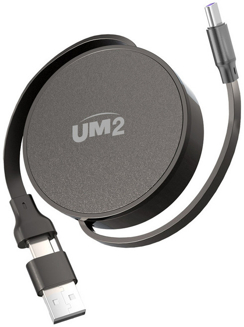 유엠투 240W 2in1 C타입 고속충전 릴 케이블, 1개, 블랙, 1m