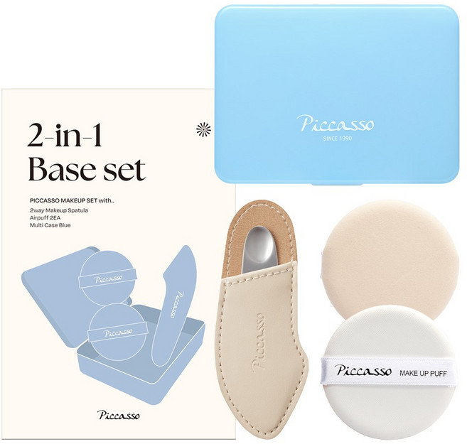 피카소 투인원 베이스 투웨이 스파츌라 + 에어퍼프 2p + 케이스 세트, 혼합색상, 1세트
