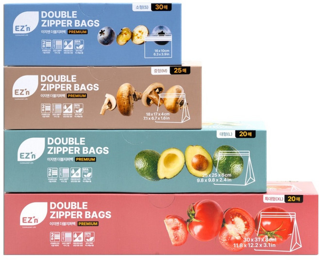 EZn이지엔 프리미엄 더블지퍼백 소형 30p + 중형 25p + 대형 20p + 특대형 20p 세트, 혼합, 1세트
