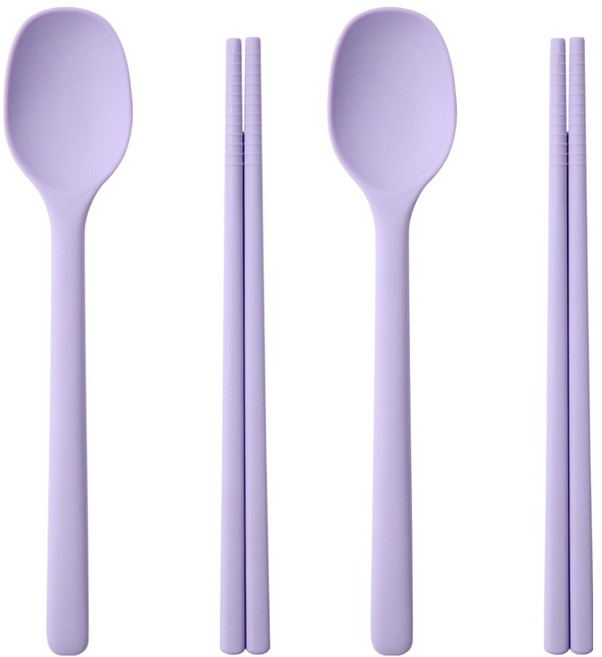 이지실리 아동용 스퀘어 실리콘 디저트 수저 세트, 퍼플, 2세트, 숟가락 + 젓가락