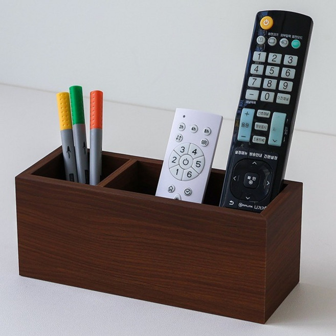 우드 2칸 리모컨 거치대 다용도 정리함, 브라운, 1개