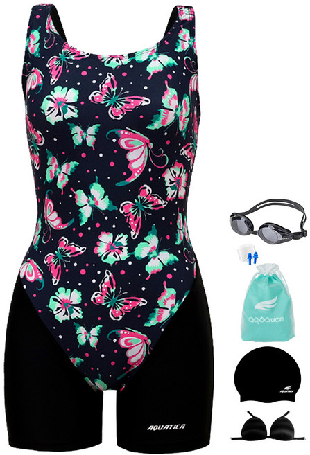 아쿠아티카 여성용 2부 실내수영복 AQA69279 + 일반용 수경 + 언더브라 + 비닐백 + 실리콘 귀마개 + 실리콘 수모 세트