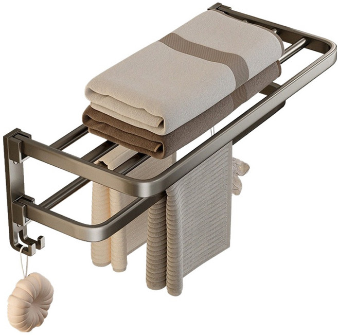 好拾選物 可折疊鋁合金 免打孔無痕浴巾架/一體式毛巾置物架, 1個, 太空銀