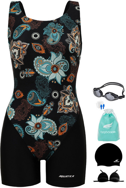 아쿠아티카 여성용 2부 실내수영복 AQA69273 + 일반용 수경 + 언더브라 + 비닐백 + 실리콘 귀마개 + 실리콘 수모 세트
