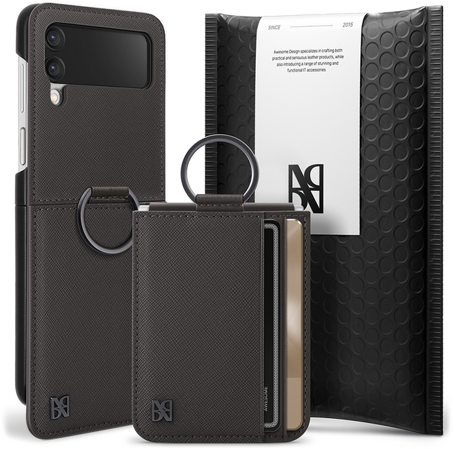 어썸디자인 오블리크 힌지 보호 수제 가죽 카드 지갑 휴대폰 케이스 + 링 세트