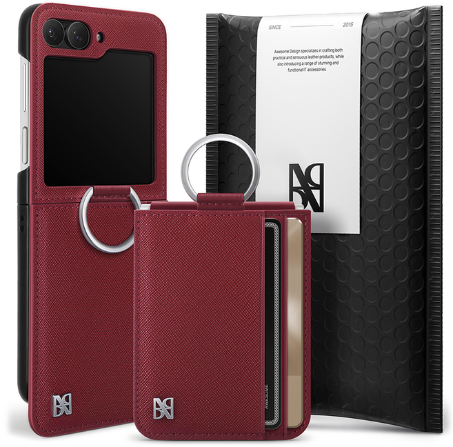 어썸디자인 오블리크 힌지 보호 수제 가죽 카드 지갑 휴대폰 케이스 + 링 세트