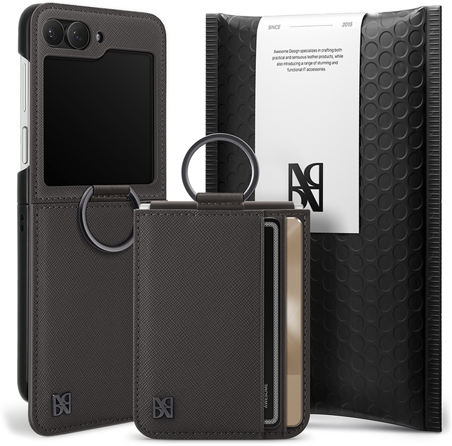 어썸디자인 오블리크 힌지 보호 수제 가죽 카드 지갑 휴대폰 케이스 + 링 세트