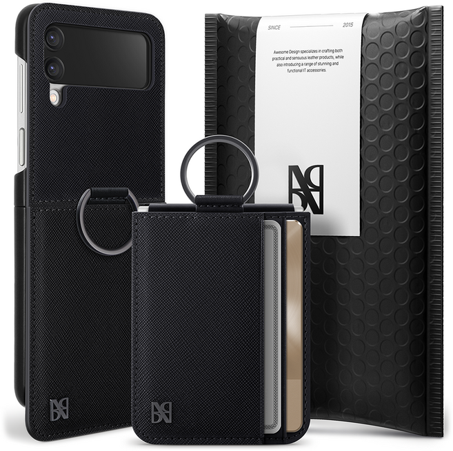 어썸디자인 오블리크 힌지 보호 수제 가죽 카드 지갑 휴대폰 케이스 + 링 세트