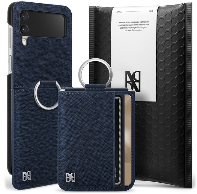 어썸디자인 오블리크 힌지 보호 수제 가죽 카드 지갑 휴대폰 케이스 + 링 세트