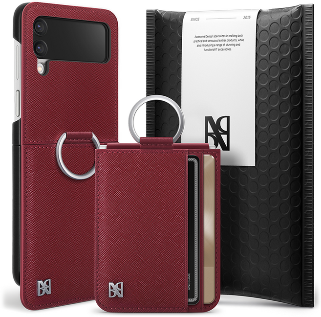 어썸디자인 오블리크 힌지 보호 수제 가죽 카드 지갑 휴대폰 케이스 + 링 세트