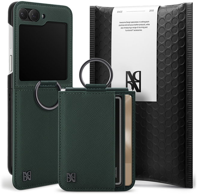 어썸디자인 오블리크 힌지 보호 수제 가죽 카드 지갑 휴대폰 케이스 + 링 세트