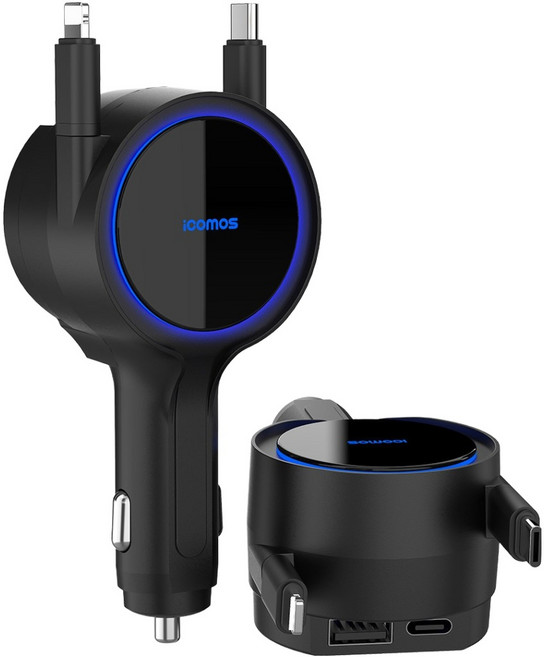 아이코모스 듀얼 릴타입 100W 차량용 초고속 충전기 C타입+8핀, 블랙, RCC08-8C