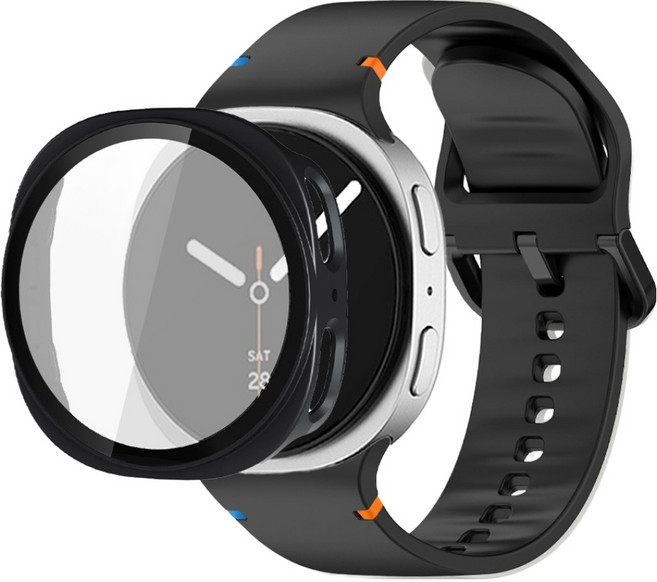 루아러블 갤럭시워치 액정보호 강화유리 필름 풀커버 하드 케이스 + 스포츠밴드 실리콘 스트랩 세트, 블랙, 1개