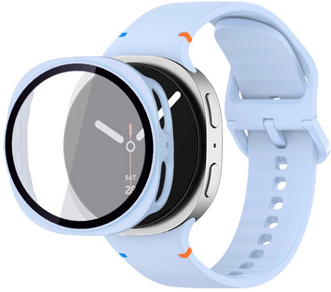 루아러블 갤럭시워치 액정보호 강화유리 필름 풀커버 하드 케이스 + 스포츠밴드 실리콘 스트랩 세트, 라이트블루, 1개