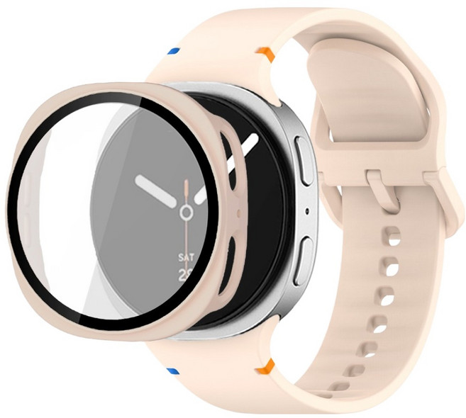 루아러블 갤럭시워치 액정보호 강화유리 필름 풀커버 하드 케이스 + 스포츠밴드 실리콘 스트랩 세트, 라이트핑크, 1개