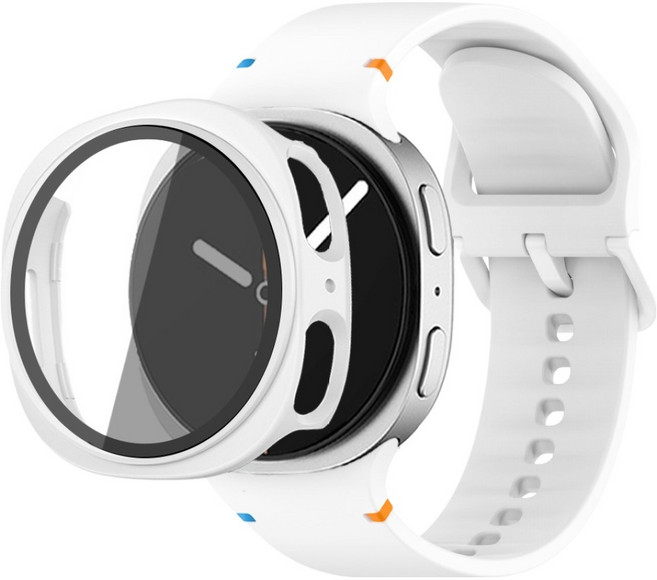 루아러블 갤럭시워치 액정보호 강화유리 필름 풀커버 하드 케이스 + 스포츠밴드 실리콘 스트랩 세트, 화이트, 1개