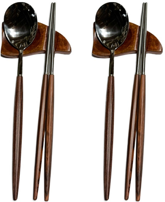 우드패턴 핸들 수저 + 수저받침 2인 세트, 브라운, 브라운, 1세트, 숟가락 2p + 젓가락 2p + 수저받침 2p