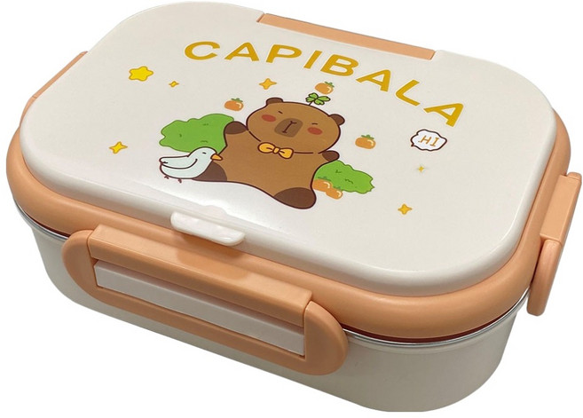日系316不鏽鋼保溫便當盒 動物款 2格 附餐具 + 保溫袋, 1套, 卡皮巴拉 多色