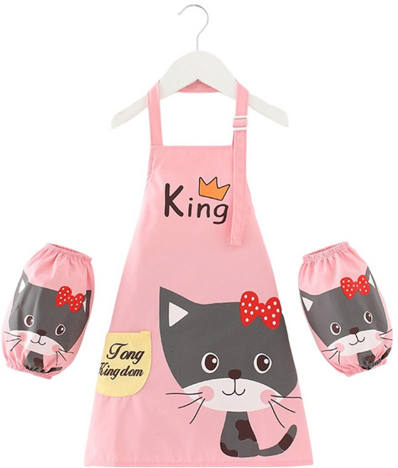 아트조이 어린이 미술 앞치마 토시 세트, 고양이 핑크