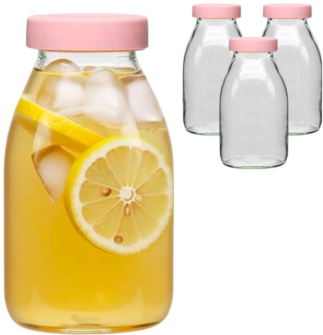 미르코리아 헥사 실리콘뚜껑 레트로 유리 우유병 핑크, 4개, 520ml