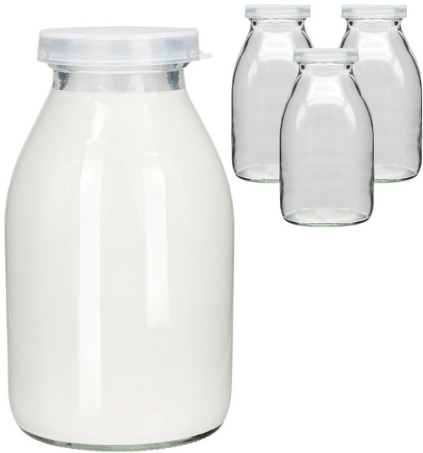mir HEXA 矽膠蓋復古玻璃牛奶瓶 + 按扣式瓶蓋組, 4套, 520ml