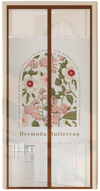 半島良品 金剛網櫻花絨拼接防蚊門簾/磁吸門簾, 春暖粉花 白色