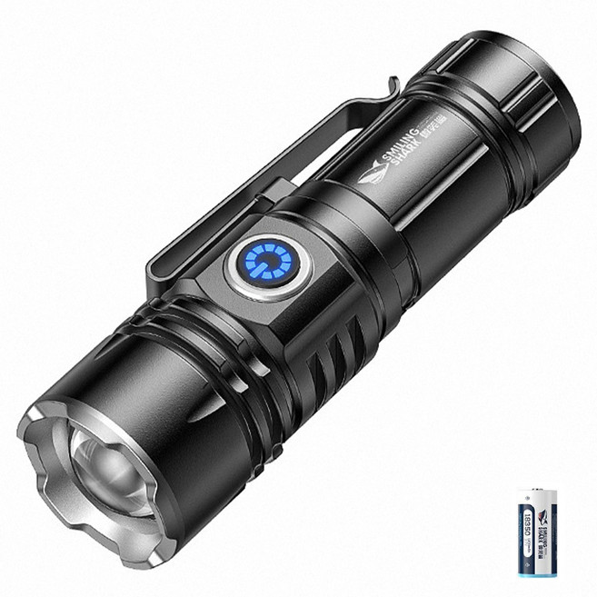 SMILING SHARK 微笑鯊 M60迷你變焦強光手電筒 附電池 SD5031, 1個, 黑色