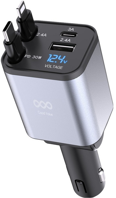 굿밸류 차량용 4in1 릴타입 멀티 고속 충전기, 혼합색상