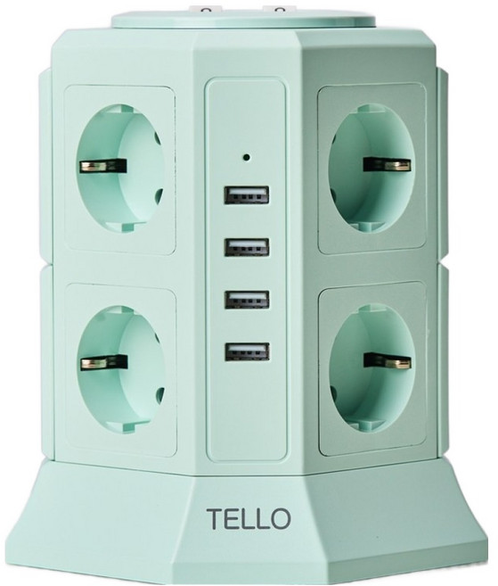 TELLO 스마트 서지 보호 PA66 고급 소재 KC인증 접지 안전 고용량 과부하차단 USB 타워 멀티탭 12구, 2m, 민트, 1개