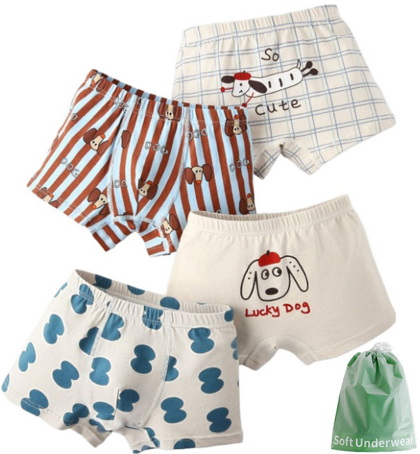 주니어용 스트라이프 럭키독 학생 사각팬티 4종 + 더스트백 세트 N190