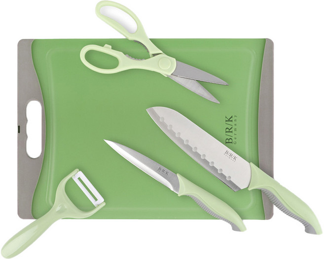 비알케이 익스텐션 칼도마 5종 세트 그린, 1세트, 산토쿠 + 과도 + 가위 + 필러 + 도마