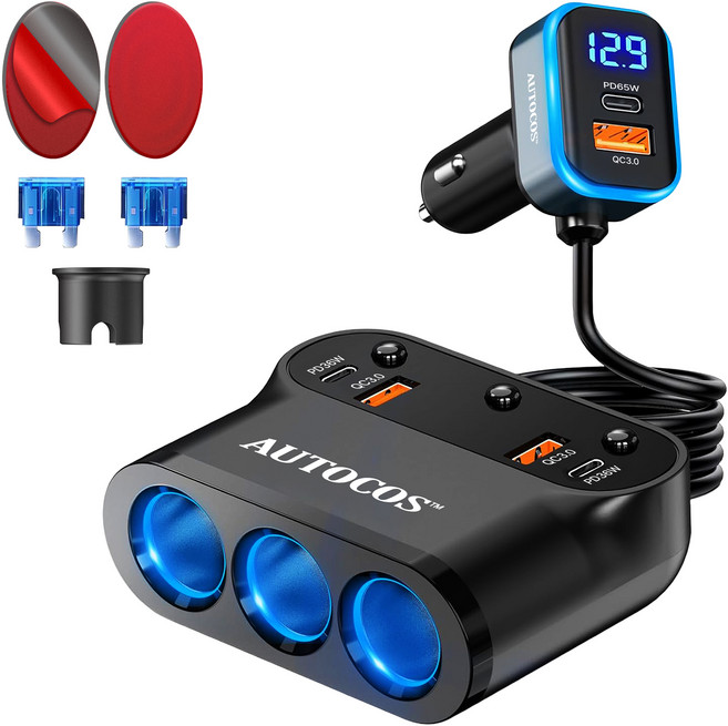 오토코스 차량용 고속 충전기 360W 대용량 멀티 소켓 PD65W 시가잭 ATS-109 세트, 1세트, 3구