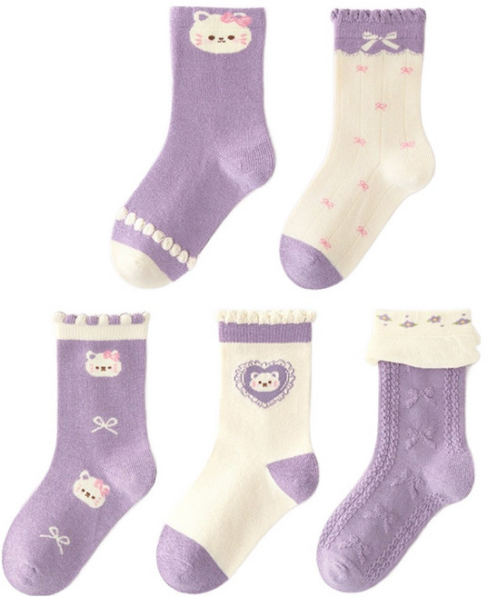 아이뿜 아동용 퍼플 냥냥 양말 5켤레 세트 F153