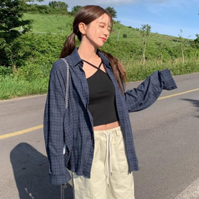 디멜디 여성용 캐주얼 쭈글이 체크 루즈핏셔츠