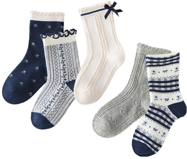 아이뿜 아동용 블루 리본 프릴 양말 5켤레 세트 F161