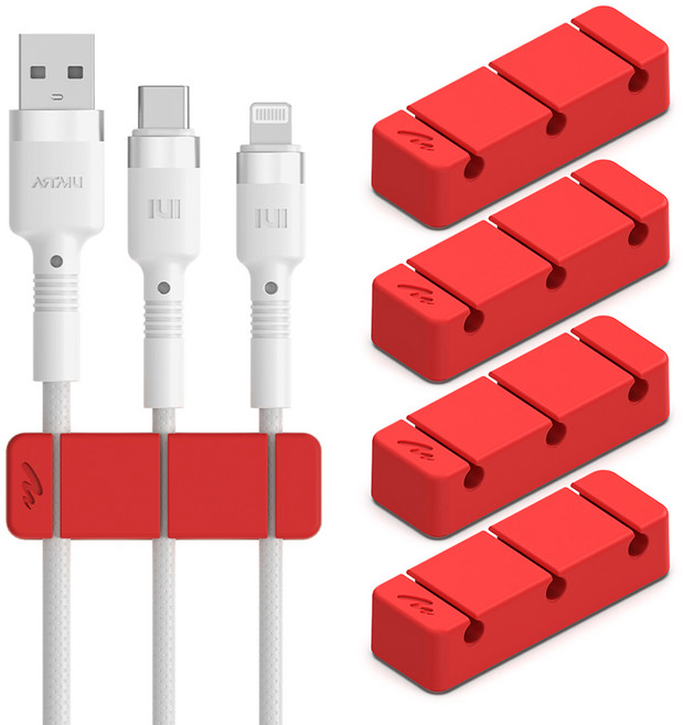 아트뮤 실리콘 케이블 선 정리 고정 홀더 3구 레드, 5개