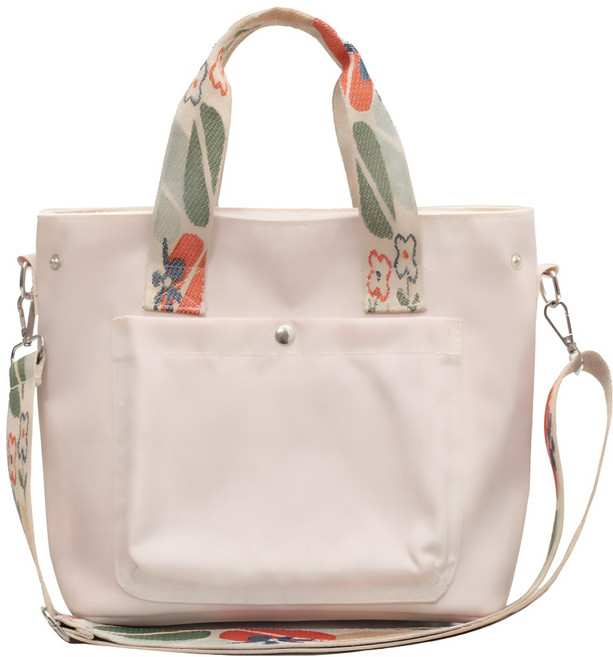 Sayaka 紗彌佳 日系清新花漾織帶撞色大口袋 手提肩背二用包, 米白色