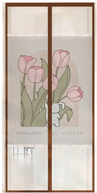 半島良品 金剛網櫻花絨拼接防蚊門簾磁吸門簾, 花海兔兔 白色