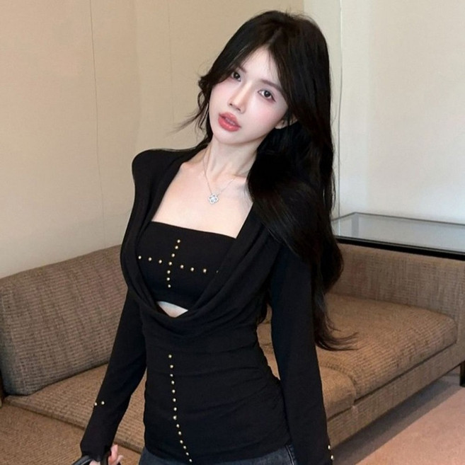 피어니스트 여성용 슬림 스터드 톱 레이어드 투피스 티셔츠